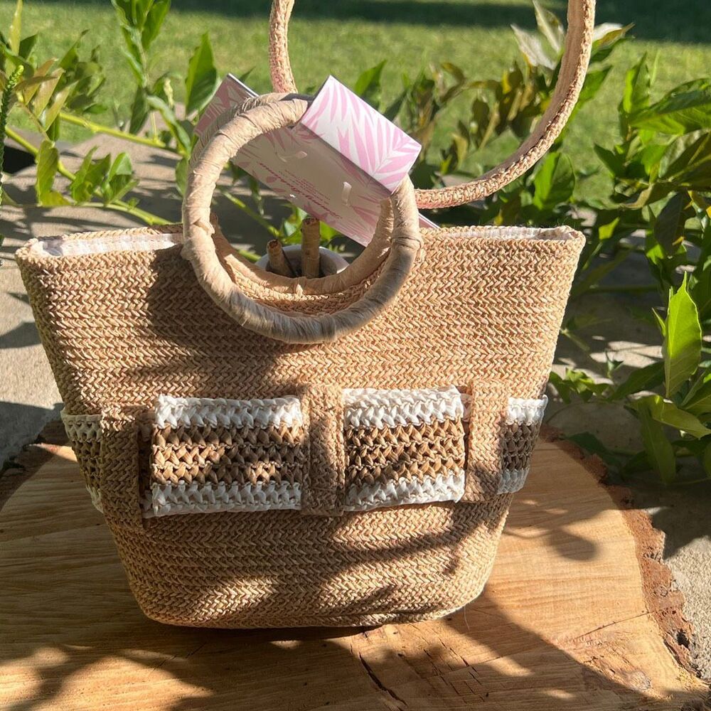 Tommy Bahama Beige Straw Mini Tote Bag/Headband Set Nwt